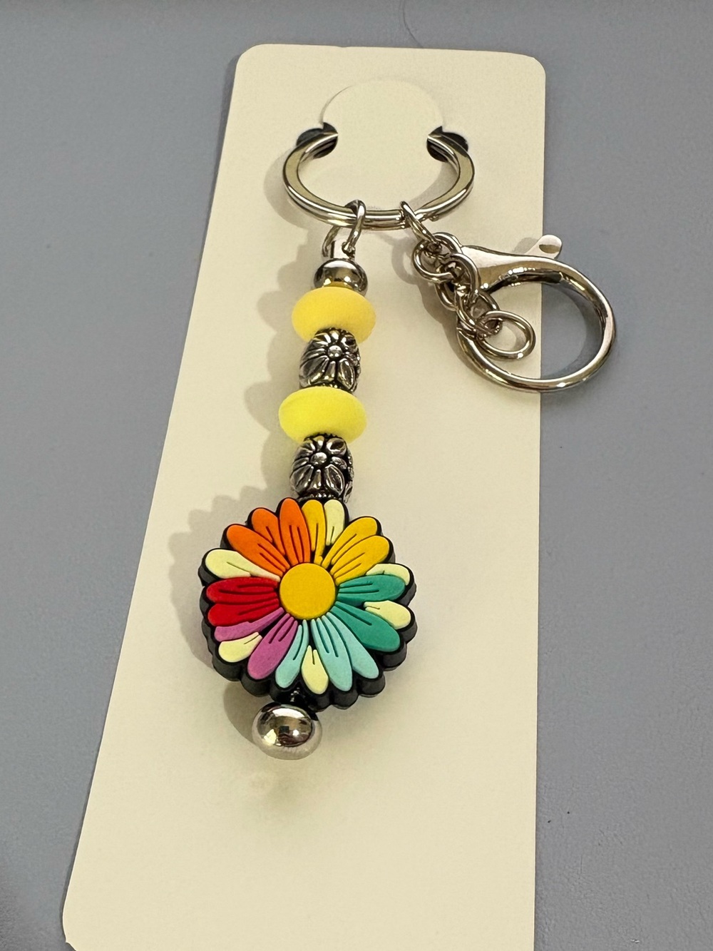 Hand Crafted Multicolor Daisy Bead Keychain - Silver Hardware
